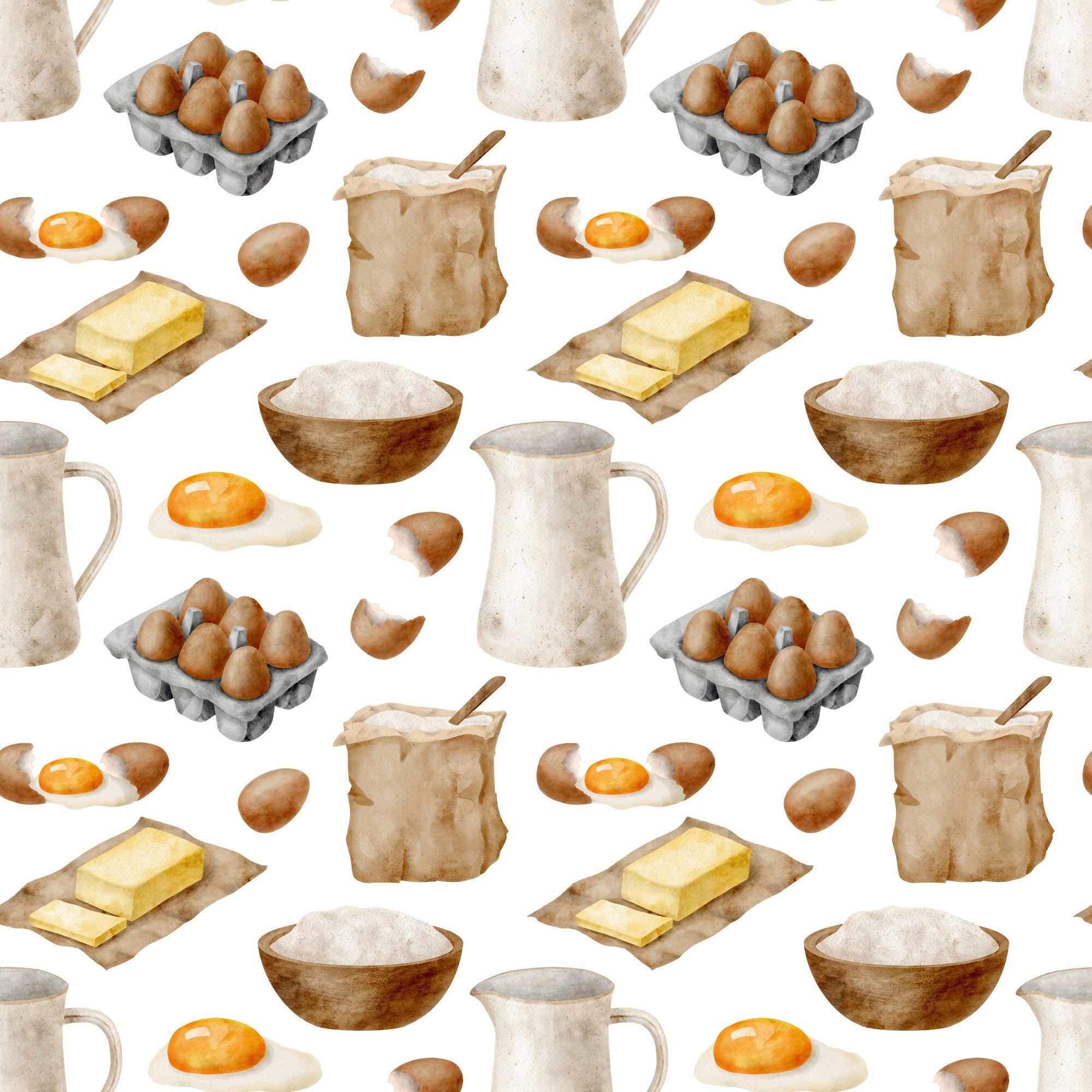 watercolor baking, kitchen ingredients, brown eggs, butter sticks, flour bowls, milk pitchers, fried eggs, egg cartons, baking supplies, cream colors, beige tones, brown hues, orange accents, cooking pattern, culinary design,, fabric panel, food illustration, kitchen theme, baking motifs