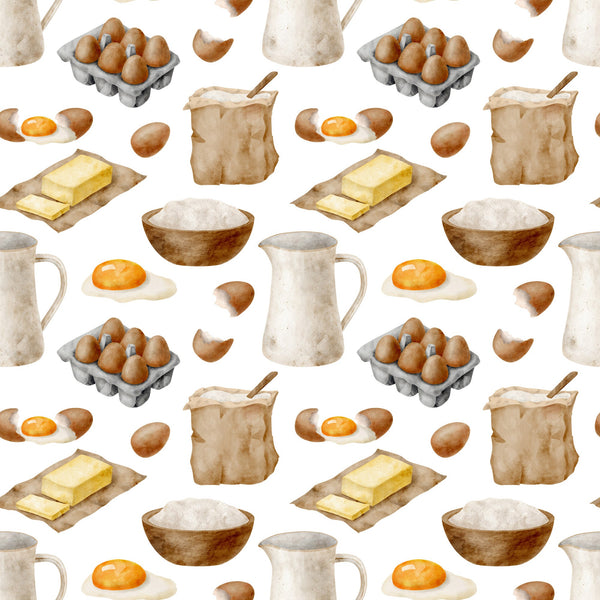 watercolor baking, kitchen ingredients, brown eggs, butter sticks, flour bowls, milk pitchers, fried eggs, egg cartons, baking supplies, cream colors, beige tones, brown hues, orange accents, cooking pattern, culinary design,, fabric panel, food illustration, kitchen theme, baking motifs