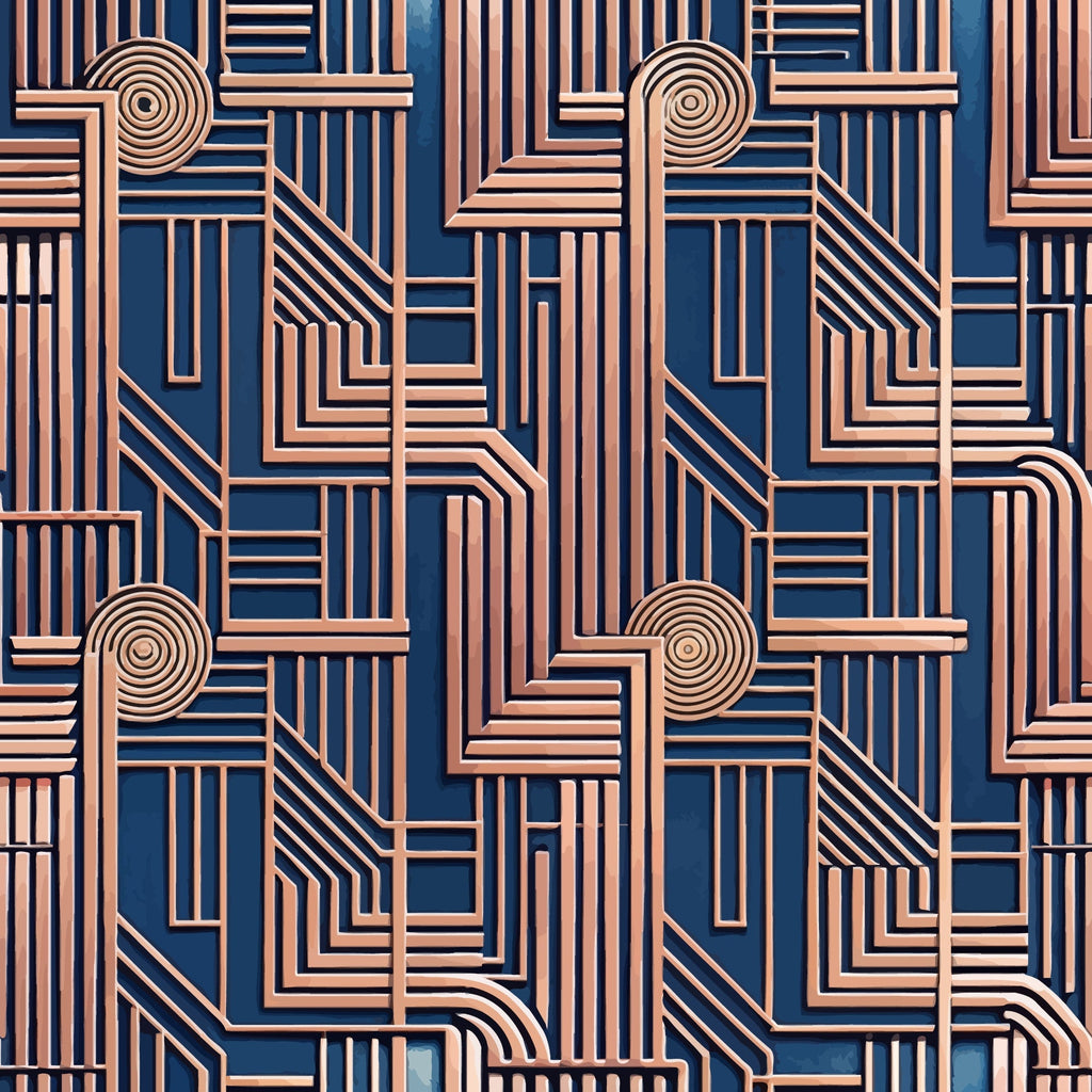 copper, rose gold, navy blue, deep blue, art deco, geometric pattern, linear design, concentric circles, angular lines,, fabric panel, metallic finish, repeating motif, architectural elements, vintage style, luxurious, sophisticated, dimensional lines, maze-like pattern, modernist design