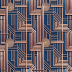 copper, rose gold, navy blue, deep blue, art deco, geometric pattern, linear design, concentric circles, angular lines,, fabric panel, metallic finish, repeating motif, architectural elements, vintage style, luxurious, sophisticated, dimensional lines, maze-like pattern, modernist design