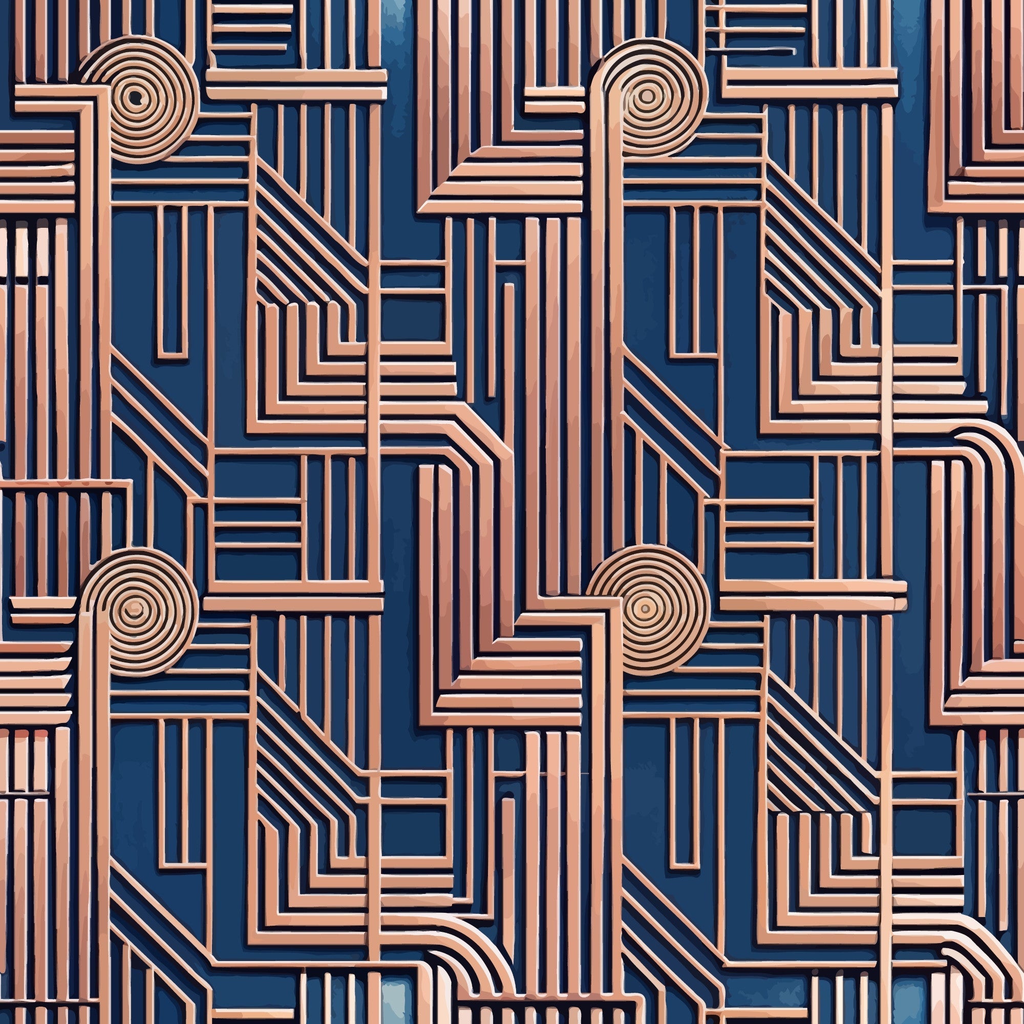 copper, rose gold, navy blue, deep blue, art deco, geometric pattern, linear design, concentric circles, angular lines,, fabric panel, metallic finish, repeating motif, architectural elements, vintage style, luxurious, sophisticated, dimensional lines, maze-like pattern, modernist design