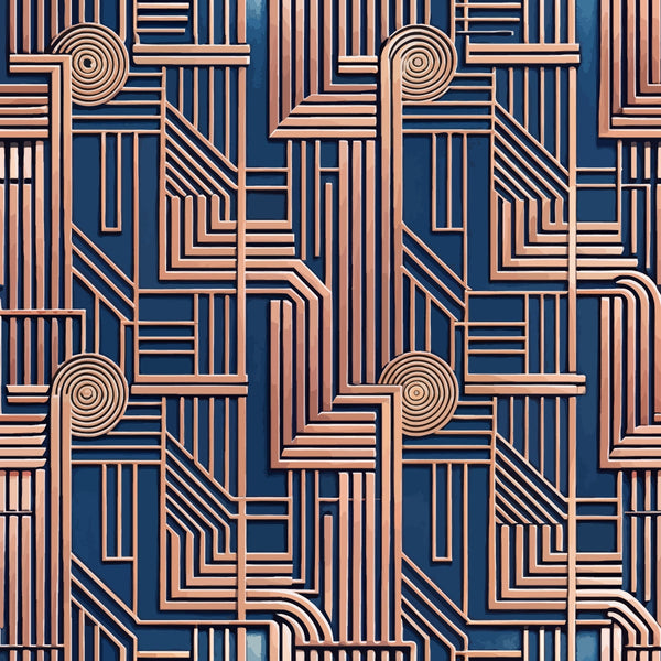 copper, rose gold, navy blue, deep blue, art deco, geometric pattern, linear design, concentric circles, angular lines,, fabric panel, metallic finish, repeating motif, architectural elements, vintage style, luxurious, sophisticated, dimensional lines, maze-like pattern, modernist design