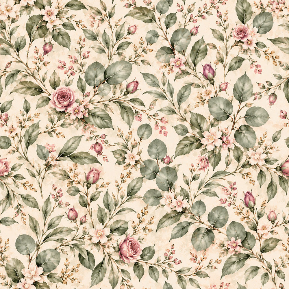 cream floral, dusty rose, sage green, blush pink, vintage floral, botanical, garden flowers, roses, delicate florals, romantic, elegant, spring, nature inspired, watercolor florals, feminine, traditional, cottage core, shabby chic, pastel colors, muted tones, small florals, mixed flowers, leaf pattern, greenery, timeless, classic floral, soft aesthetic, nursery, baby girl, gentle design