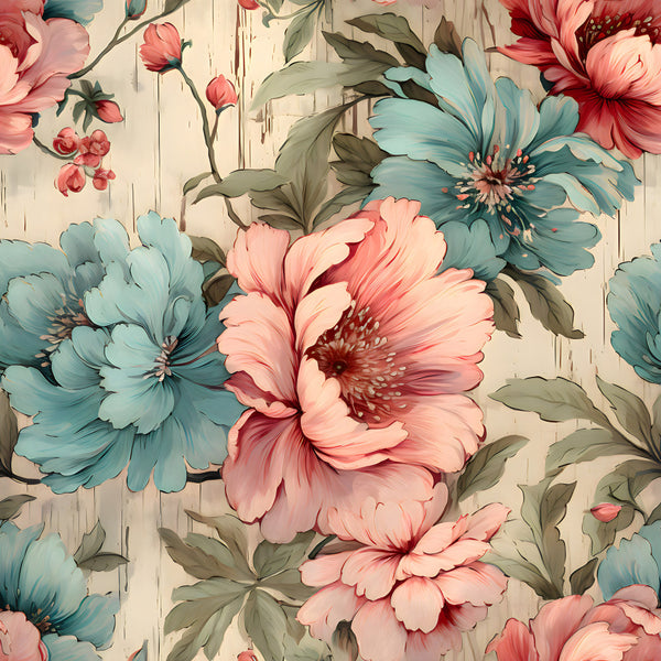 coral pink, dusty blue, teal blue, sage green, cream, vintage floral, floral pattern, botanical, romantic, elegant, traditional, cottage core, farmhouse, spring, summer, large flowers, peonies, gerberas, dahlias, roses, flower petals, garden theme, nature inspired, vintage botanical, classic floral, feminine, delicate, shabby chic, nursery, baby girl