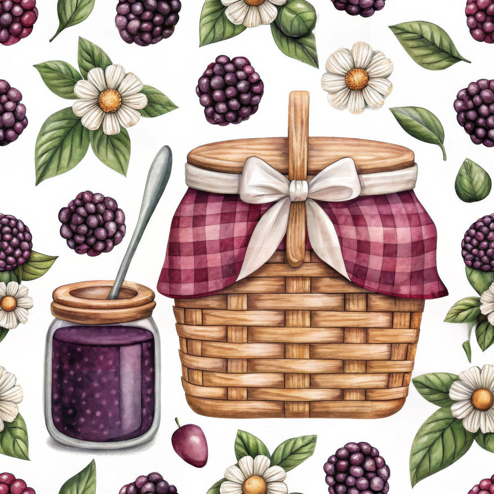 burgundy, deep purple, cream, white, gold, forest green, sage green, blackberries, berries, daisies, flowers, floral, gingham, plaid, checkered, picnic, nature, botanical, vintage, rustic, farmhouse, whimsical, cottage core, summer, spring, garden, pastoral, fruit, jam, preserves