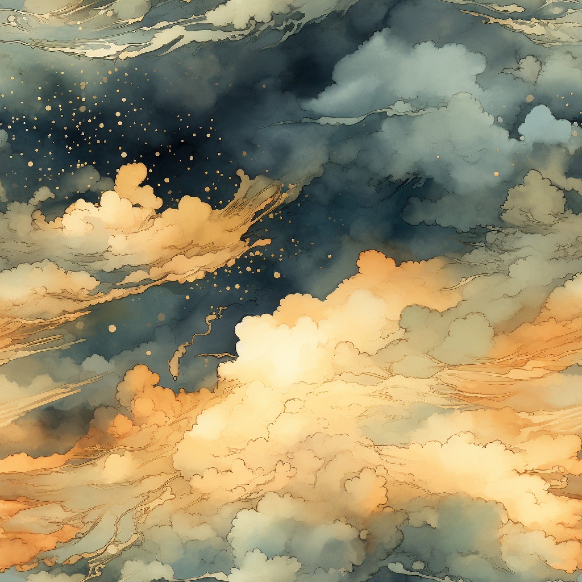 sunset colors, golden yellow, deep teal, sage green, cream, storm clouds, dramatic sky, celestial scene, golden dots, starry elements, moody atmosphere, twilight hues, cloud formations, ethereal design,, fabric panel, nature inspired, atmospheric art, dreamy sky, watercolor style