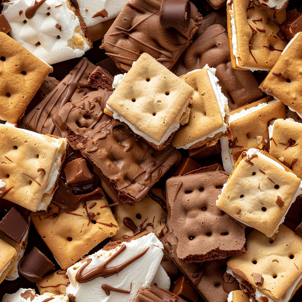 s'mores, graham crackers, marshmallows, chocolate drizzle, golden brown, white frosting, chocolate brown, tan, beige, sweet treats, dessert pattern, food illustration, indulgent snacks, campfire treats,, fabric panel, realistic food art, confectionery design, bakery sweets, gourmet desserts