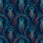 navy blue, cyan, turquoise, coral, neon orange, glowing colors, jellyfish, ocean creatures, bioluminescent, underwater, nautical, marine life, celestial, cosmic, glowing tentacles, abstract, modern, whimsical, ethereal, magical, neon glow, deep sea, ocean theme, kids room, playroom, boys room, girls room, science themed, fantasy, dreamy