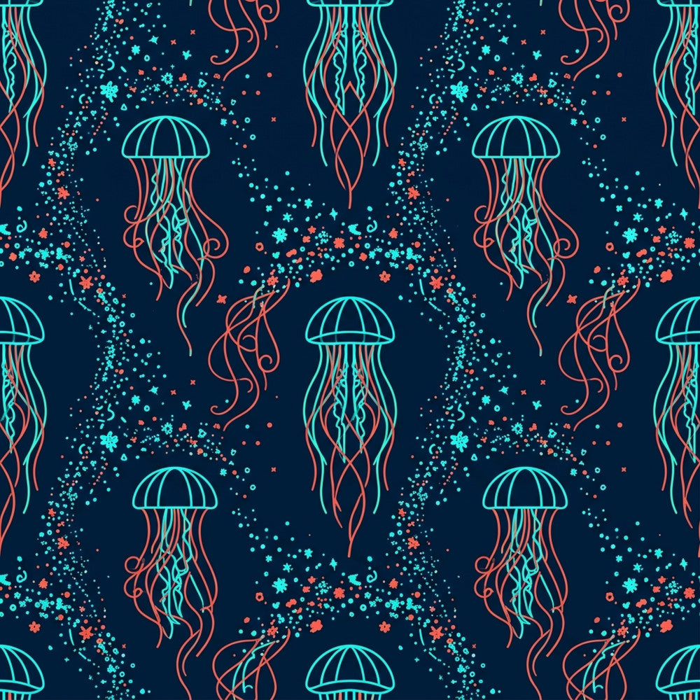 navy blue, cyan, turquoise, coral, neon orange, glowing colors, jellyfish, ocean creatures, bioluminescent, underwater, nautical, marine life, celestial, cosmic, glowing tentacles, abstract, modern, whimsical, ethereal, magical, neon glow, deep sea, ocean theme, kids room, playroom, boys room, girls room, science themed, fantasy, dreamy