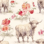 highland cows, floral pattern, pink flowers, coral blooms, watercolor style, farm animals,, fabric panel, pastoral scene, soft pastels, cream background, botanical elements, country theme, repeating pattern, vintage style, roses, peonies, rustic charm, farmhouse aesthetic, textile design