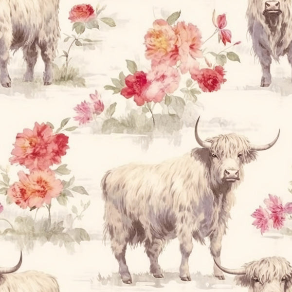highland cows, floral pattern, pink flowers, coral blooms, watercolor style, farm animals,, fabric panel, pastoral scene, soft pastels, cream background, botanical elements, country theme, repeating pattern, vintage style, roses, peonies, rustic charm, farmhouse aesthetic, textile design