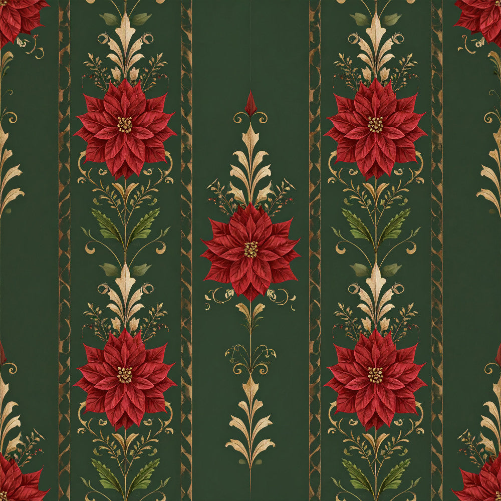 forest green, deep red, burgundy, cream, gold, poinsettia, floral, damask, vintage, traditional, elegant, ornate, botanical, leaves, scrolls, filigree, holiday, christmas, festive, luxurious, classical, decorative, nature-inspired, timeless, sophisticated, winter, seasonal, home decor, upholstery