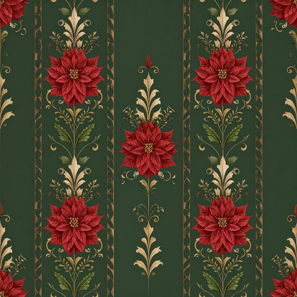 forest green, deep red, burgundy, cream, gold, poinsettia, floral, damask, vintage, traditional, elegant, ornate, botanical, leaves, scrolls, filigree, holiday, christmas, festive, luxurious, classical, decorative, nature-inspired, timeless, sophisticated, winter, seasonal, home decor, upholstery