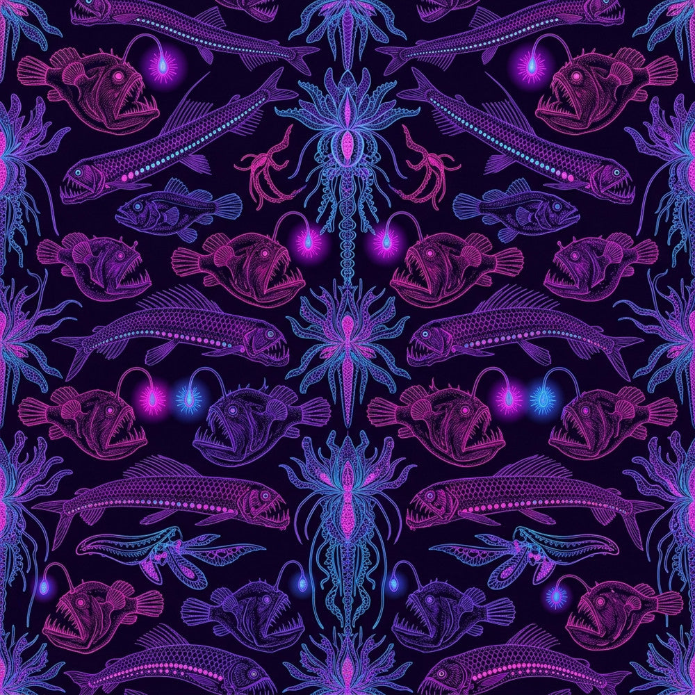 neon magenta, neon pink, neon purple, neon blue, cyan blue, deep purple, dark purple, black background, glowing effects, bioluminescent, neon glow, ocean creatures, deep sea, fish, anglerfish, jellyfish, sea anemone, underwater, marine life, nautical, celestial, cosmic, futuristic, modern, whimsical, dark whimsical, gothic, gothic fantasy, surreal, psychedelic