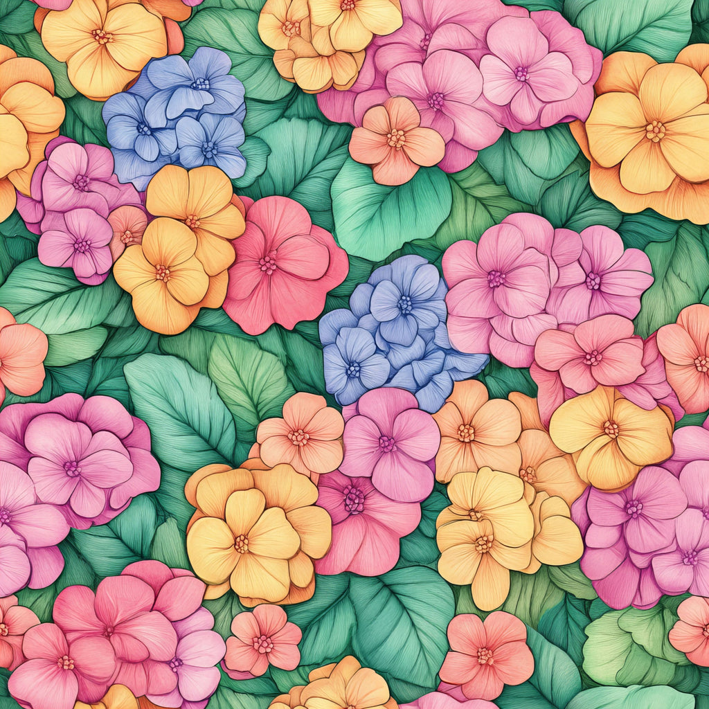 colorful hydrangeas, floral pattern, pink flowers, blue flowers, yellow flowers, orange flowers, green leaves, botanical design, tropical blooms, vibrant colors,, fabric panel, seamless repeat, summer flowers, garden motif, bright florals, clustered blooms, nature pattern, cheerful mood, crafting fabric