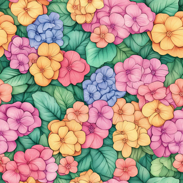 colorful hydrangeas, floral pattern, pink flowers, blue flowers, yellow flowers, orange flowers, green leaves, botanical design, tropical blooms, vibrant colors,, fabric panel, seamless repeat, summer flowers, garden motif, bright florals, clustered blooms, nature pattern, cheerful mood, crafting fabric