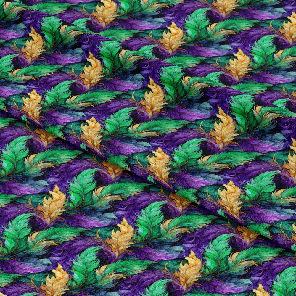purple, green, gold, feathers, mardi gras, carnival, festive,, fabric panel, ornate feathers, decorative plumes, celebration, new orleans, masquerade, party theme, vibrant colors, flowing design, elegant feathers, festival motif