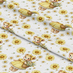'- Daisy Teddy Bears Pattern 6 Fabric - Yellow daisies - Cute teddy bears - Soft cotton texture - Quilting material - White background - Floral design - Charming playful motif - Craft fabric - Light pastel colors