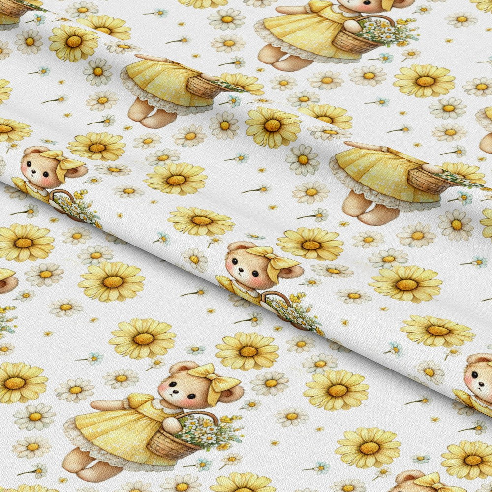 '- Daisy Teddy Bears Pattern 6 Fabric - Yellow daisies - Cute teddy bears - Soft cotton texture - Quilting material - White background - Floral design - Charming playful motif - Craft fabric - Light pastel colors