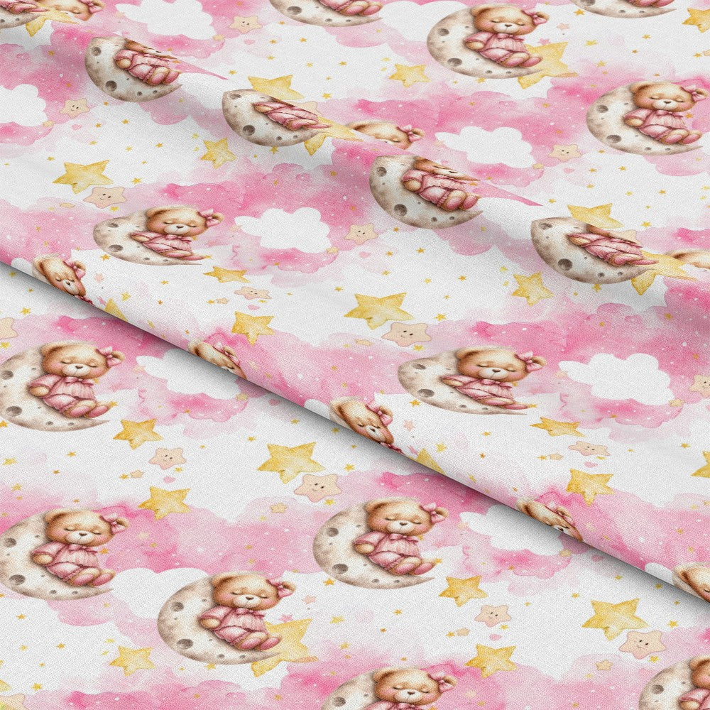 '- Pink Baby Teddy Bears Pattern 5 Fabric - Soft cotton fabric - Pastel pink and white background - Cute teddy bears sitting on moons - Yellow stars and clouds - Child-friendly design - Quilting material - Nursery theme - Baby shower fabric - Cozy and gentle texture