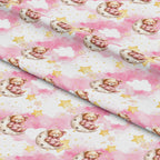 '- Pink Baby Teddy Bears Pattern 5 Fabric - Soft cotton fabric - Pastel pink and white background - Cute teddy bears sitting on moons - Yellow stars and clouds - Child-friendly design - Quilting material - Nursery theme - Baby shower fabric - Cozy and gentle texture