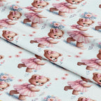 '- Pink Night Time Teddy Bears Pattern 3 Fabric
- Cute bears, teddy bears, night time theme
- Soft pink, pastel colors, baby pink, light blue background
- Floral accents, small flowers, delicate blossoms
- Cotton texture, quilting material, sewing fabric, craft fabric
- Cozy, warm, child-friendly, playful design, gentle pattern
