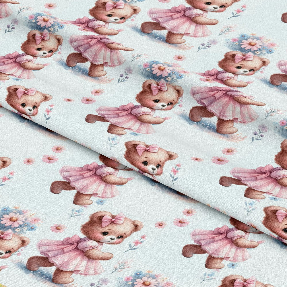 '- Pink Night Time Teddy Bears Pattern 3 Fabric
- Cute bears, teddy bears, night time theme
- Soft pink, pastel colors, baby pink, light blue background
- Floral accents, small flowers, delicate blossoms
- Cotton texture, quilting material, sewing fabric, craft fabric
- Cozy, warm, child-friendly, playful design, gentle pattern