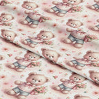 '- Pink Night Time Teddy Bears Pattern 6 Fabric - Soft beige teddy bears - Floral accents - Pastel pink background - Cute cartoon style - Kids fabric - Cozy textile - - Charming design - Gentle pastel colors