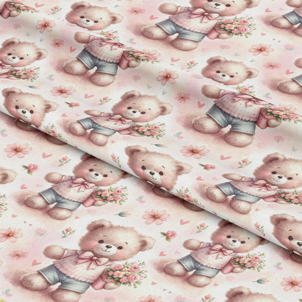 '- Pink Night Time Teddy Bears Pattern 6 Fabric - Soft beige teddy bears - Floral accents - Pastel pink background - Cute cartoon style - Kids fabric - Cozy textile - - Charming design - Gentle pastel colors