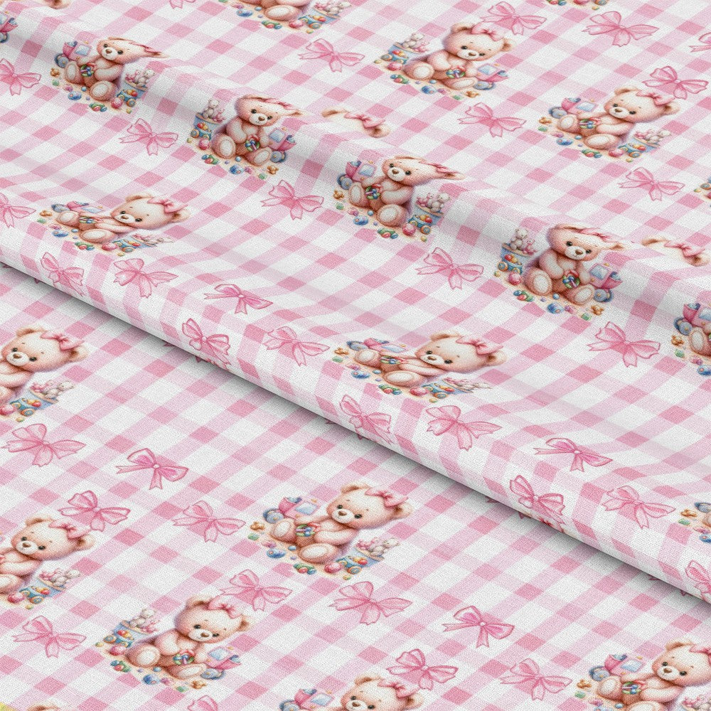 '- Pink Baby Teddy Bears Pattern 4 Fabric - Pink gingham - Teddy bears - Baby motifs - Quilting material - Soft cotton fabric - Pastel colors - Cute baby design - Sewing textile - Nursery print
