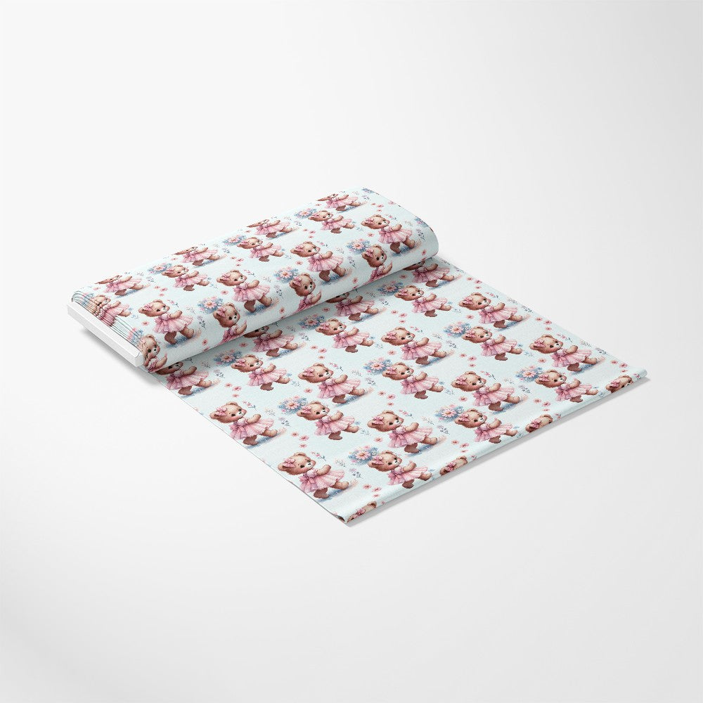'- Pink Night Time Teddy Bears Pattern 3 Fabric - Light blue background - Soft teddy bear illustrations - Nighttime theme - Quilting fabric - Cotton material - Textile yardage - Pastel colors - Cute animal design - Craft fabric