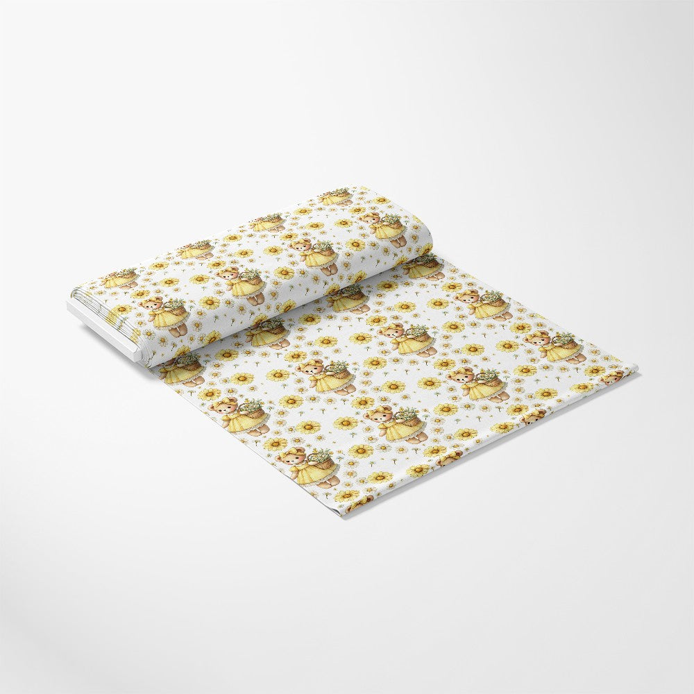 '- Daisy Teddy Bears Pattern 6 Fabric - Soft cotton textile - White background - Yellow daisies - Brown teddy bears - Floral design - Kids fabric - Craft material - Quilting fabric - Cute pattern - Light colors - Natural fibers