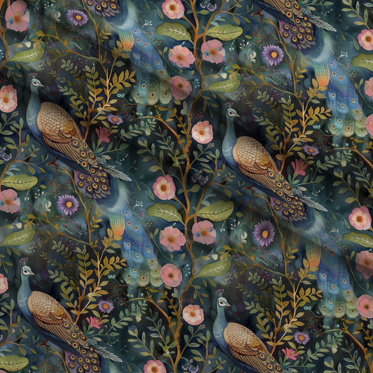 Peacocks and Flowers Minky Fabric — plush minky folded close-up preview (mv-minky-v1:lying)