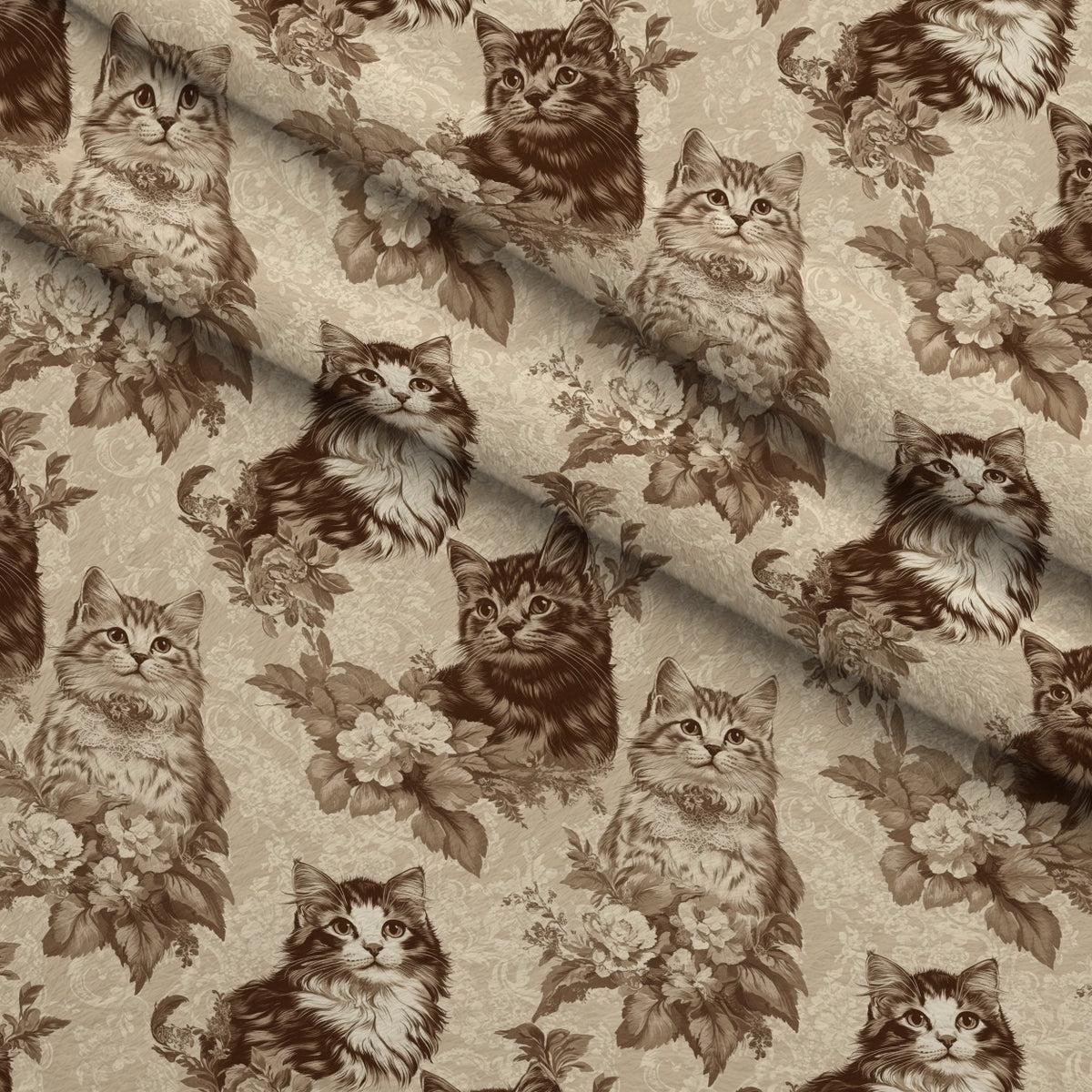 Sepia Kitten Toile Pattern 4 Minky Fabric — plush minky folded close-up preview (mv-minky-v1:lying)