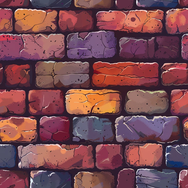brick wall pattern, weathered bricks, rustic texture, orange bricks, red bricks, purple bricks, gray bricks, brown bricks, cracked mortar, aged masonry, architectural design, vintage weathering,, fabric panel, artistic illustration, cartoon style, textured surface, building materials, warm earth tones, cool purple tones