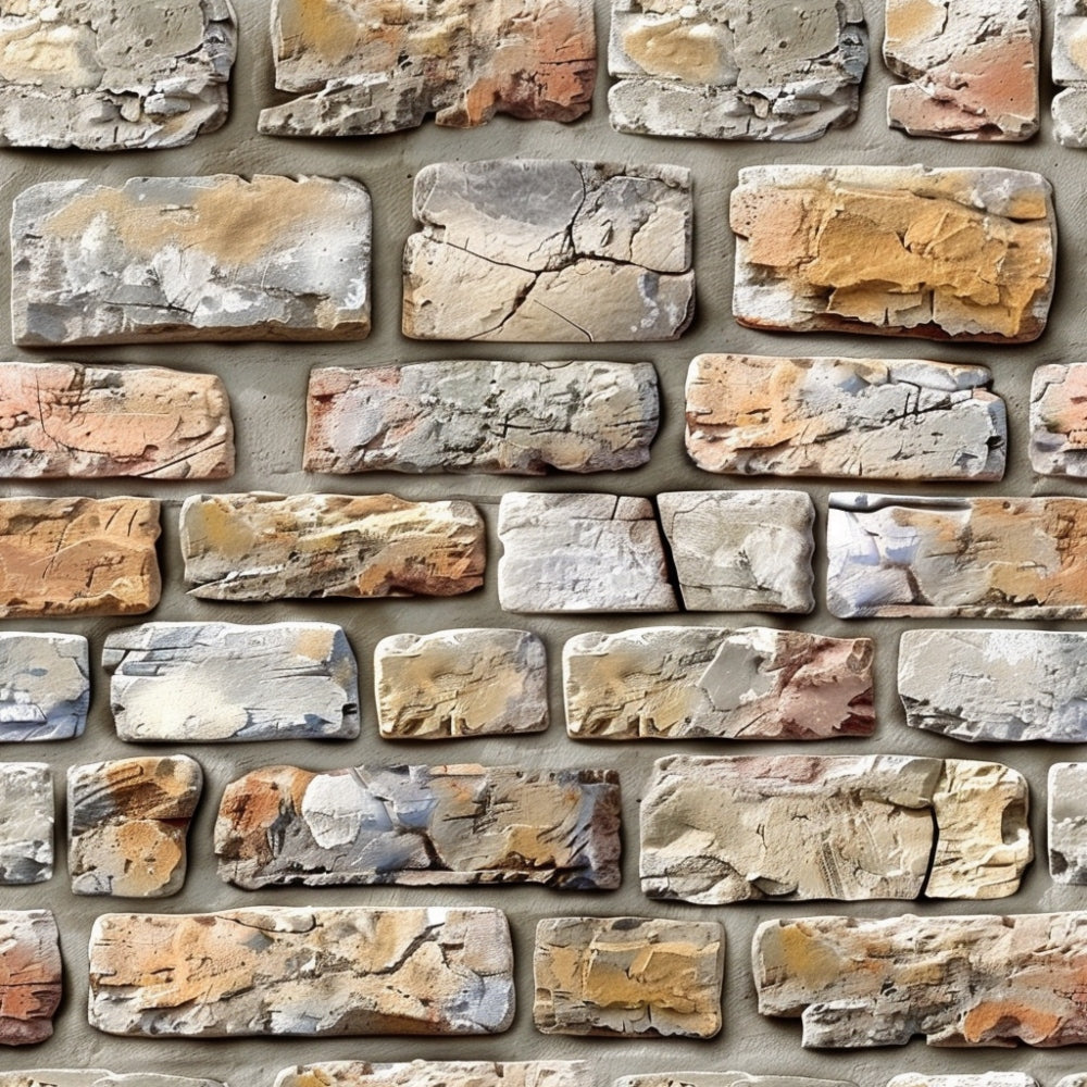 beige, tan, brown, gray, cream, rust, weathered brick, stone texture, rectangular bricks, mortar joints, aged surface, cracked stone, natural stone, architectural pattern, rustic style, vintage appearance,, fabric panel, earthy tones, textured surface