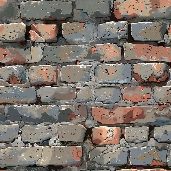 brick wall pattern, weathered bricks, rustic texture, gray bricks, terracotta bricks, aged mortar, cracked surface, stone texture, architectural design, distressed finish,, fabric panel, earthy tones, muted colors, realistic print, masonry pattern, vintage appearance, textured surface