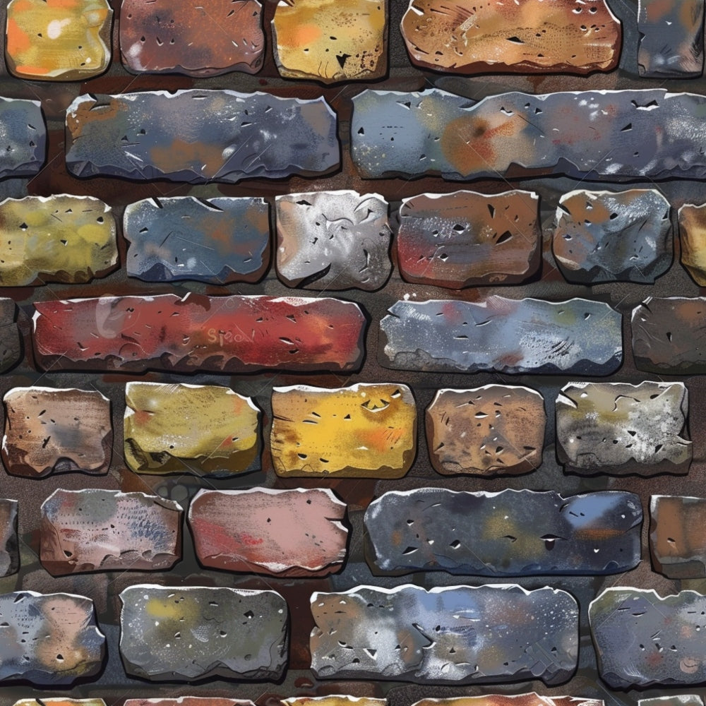 brick wall pattern, weathered bricks, multicolored bricks, rust colors, gray tones, yellow ochre, orange hues, blue accents, distressed texture, aged appearance, rectangular shapes, masonry design,, fabric panel, urban style, industrial look, worn surface, patina effect, architectural motif