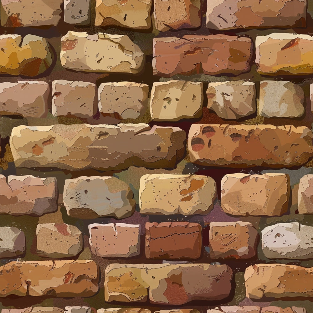 brick wall pattern, weathered bricks, rustic texture, earth tones, brown shades, tan colors, beige hues, orange accents, mortar lines, distressed appearance, vintage style, architectural design,, fabric panel, realistic illustration, aged surface, muted palette, textural pattern, building materials, masonry design