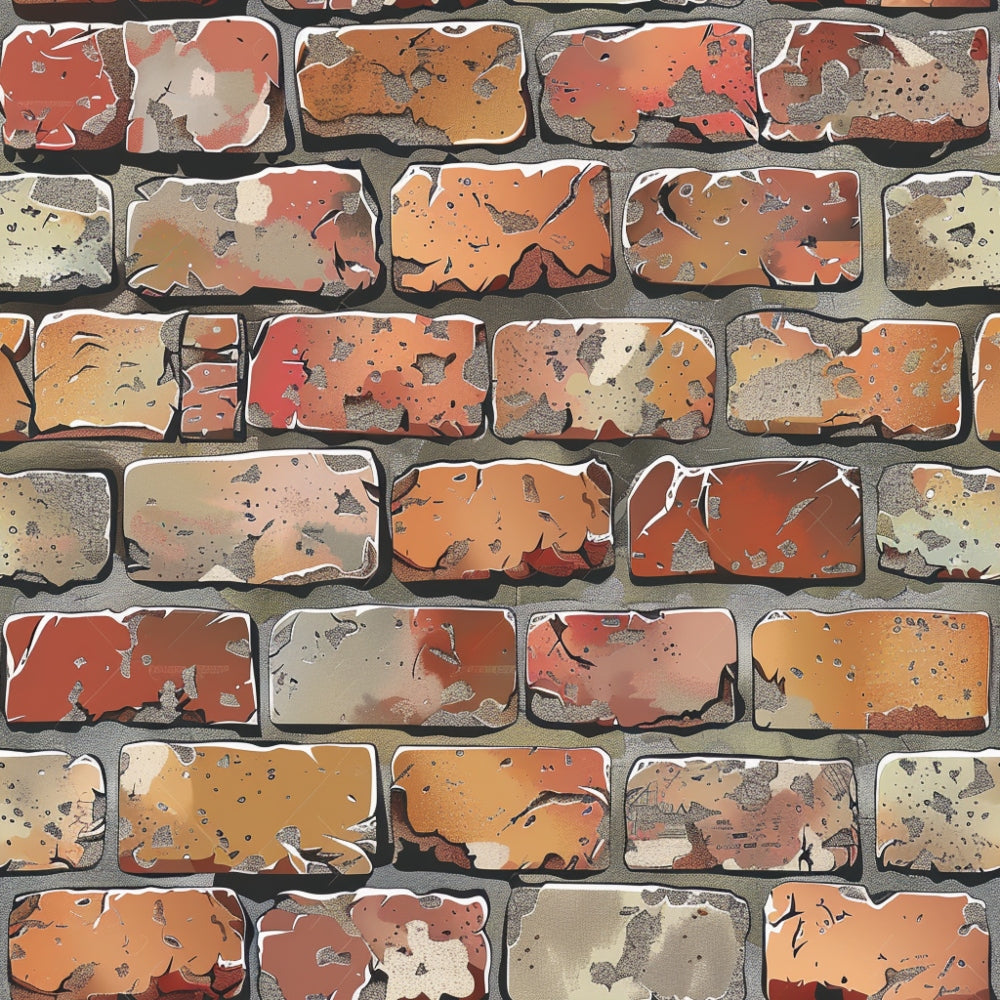 brick wall pattern, weathered bricks, peeling paint, distressed texture, rust orange, terracotta, burnt sienna, cream, beige, gray mortar, vintage appearance, aged surface, rectangular bricks, cracked paint, worn finish,, fabric panel, architectural design, textured surface, earthy tones