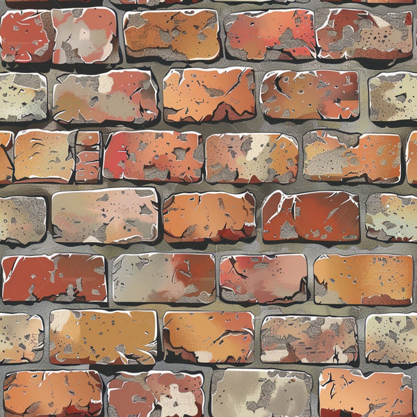 brick wall pattern, weathered bricks, peeling paint, distressed texture, rust orange, terracotta, burnt sienna, cream, beige, gray mortar, vintage appearance, aged surface, rectangular bricks, cracked paint, worn finish,, fabric panel, architectural design, textured surface, earthy tones