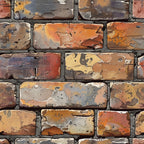 brick wall, weathered bricks, peeling paint, distressed texture, rustic pattern, aged surface, orange tones, brown hues, gray mortar, yellow accents, architectural design, vintage look, cracked paint, urban style,, fabric panel, realistic print, textured appearance, building materials, industrial theme