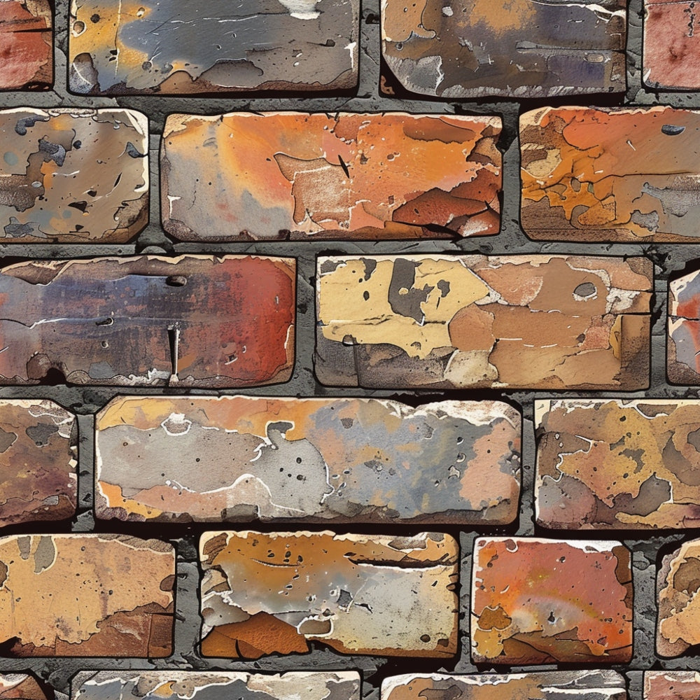 brick wall, weathered bricks, peeling paint, distressed texture, rustic pattern, aged surface, orange tones, brown hues, gray mortar, yellow accents, architectural design, vintage look, cracked paint, urban style,, fabric panel, realistic print, textured appearance, building materials, industrial theme