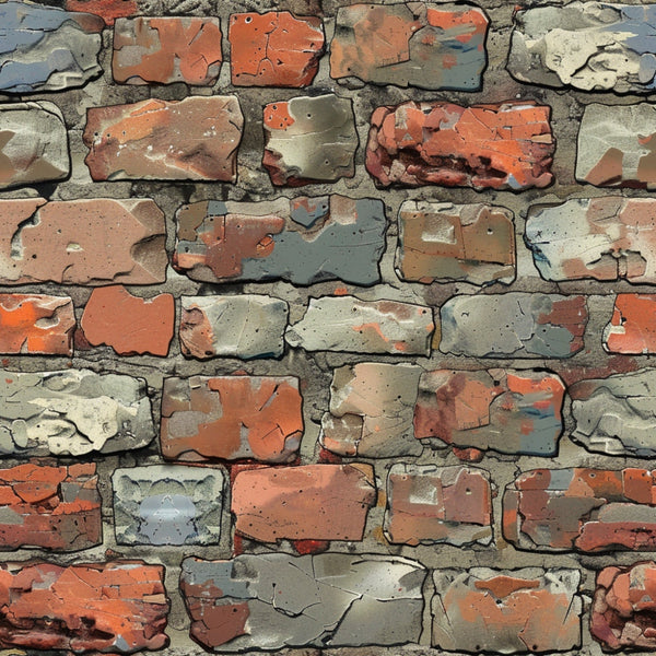 brick wall, weathered bricks, peeling paint, rustic texture, terracotta, gray mortar, orange bricks, distressed surface, aged patina, cracked paint, vintage aesthetic, architectural pattern, masonry design,, fabric panel, realistic print, textured appearance, neutral tones, earth colors, building materials