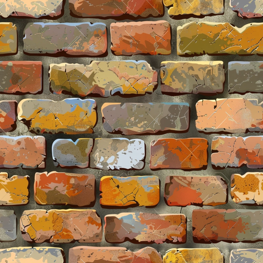 brick wall pattern, weathered bricks, distressed texture, earth tones, terracotta, ochre, burnt orange, sage green, dusty blue, peeling paint, aged surface, cracked mortar, rustic design,, fabric panel, vintage style, architectural motif, textured appearance, muted colors, worn finish